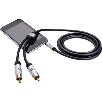 A smartphone is connected via an audio cable with two RCA plugs, which is lying on a table.
