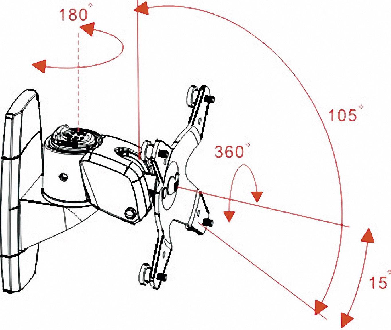 Sketch of a movable monitor arm. Shows rotation angles: 360° around central axis, 180° sideways, 105° upwards, 15° downwards.