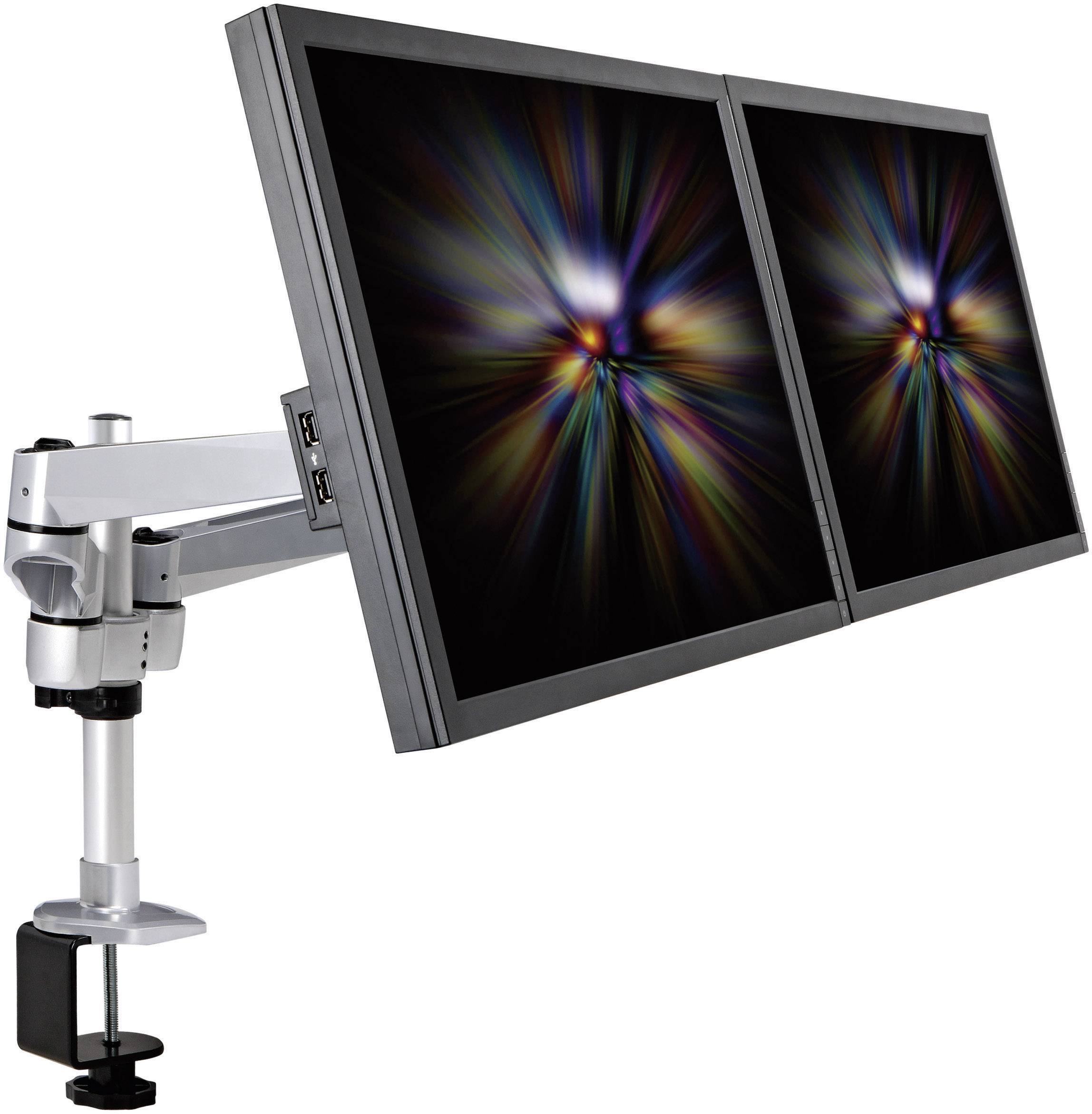 Two computer monitors on an adjustable stand, displaying synchronised, colourful light patterns.