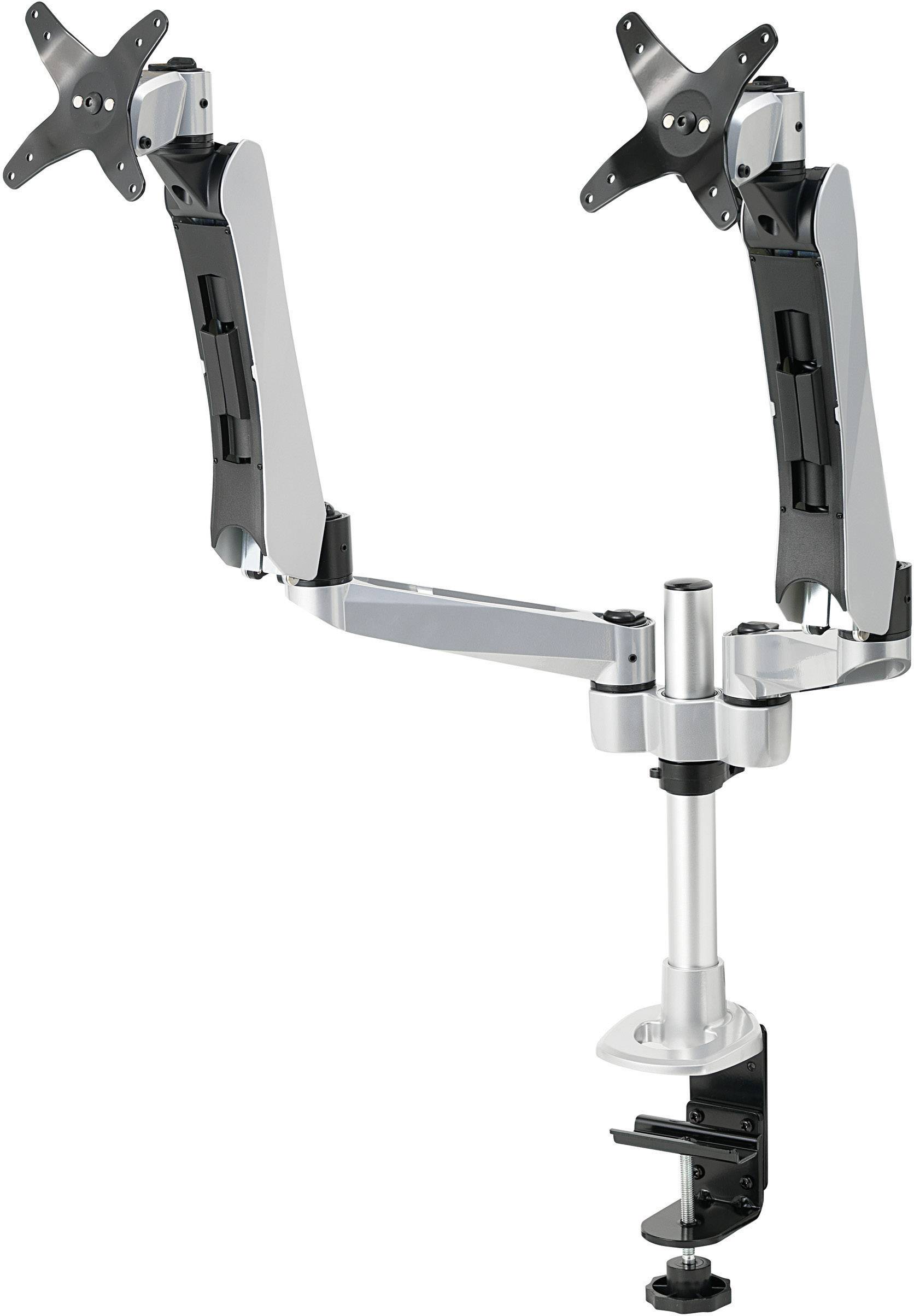 A height-adjustable, silver dual monitor arm with desk clamp, suitable for mounting two monitors for ergonomic workstations.