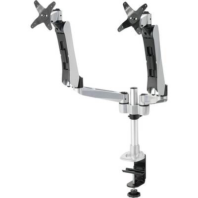 A height-adjustable, silver dual monitor arm with desk clamp, suitable for mounting two monitors for ergonomic workstations.