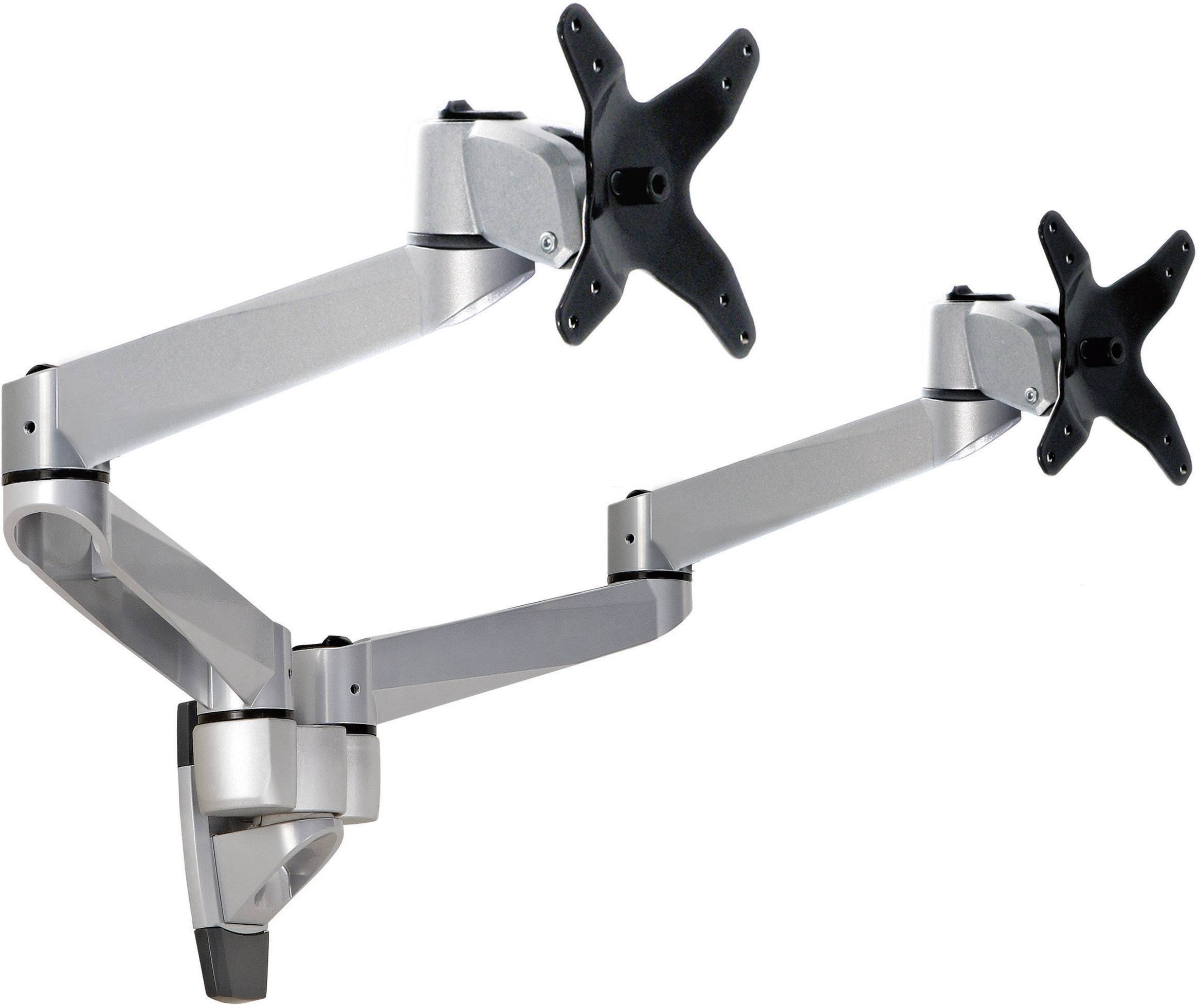 Two adjustable monitor mounts on a wall bracket, flexibly adjustable for ergonomic workstations.