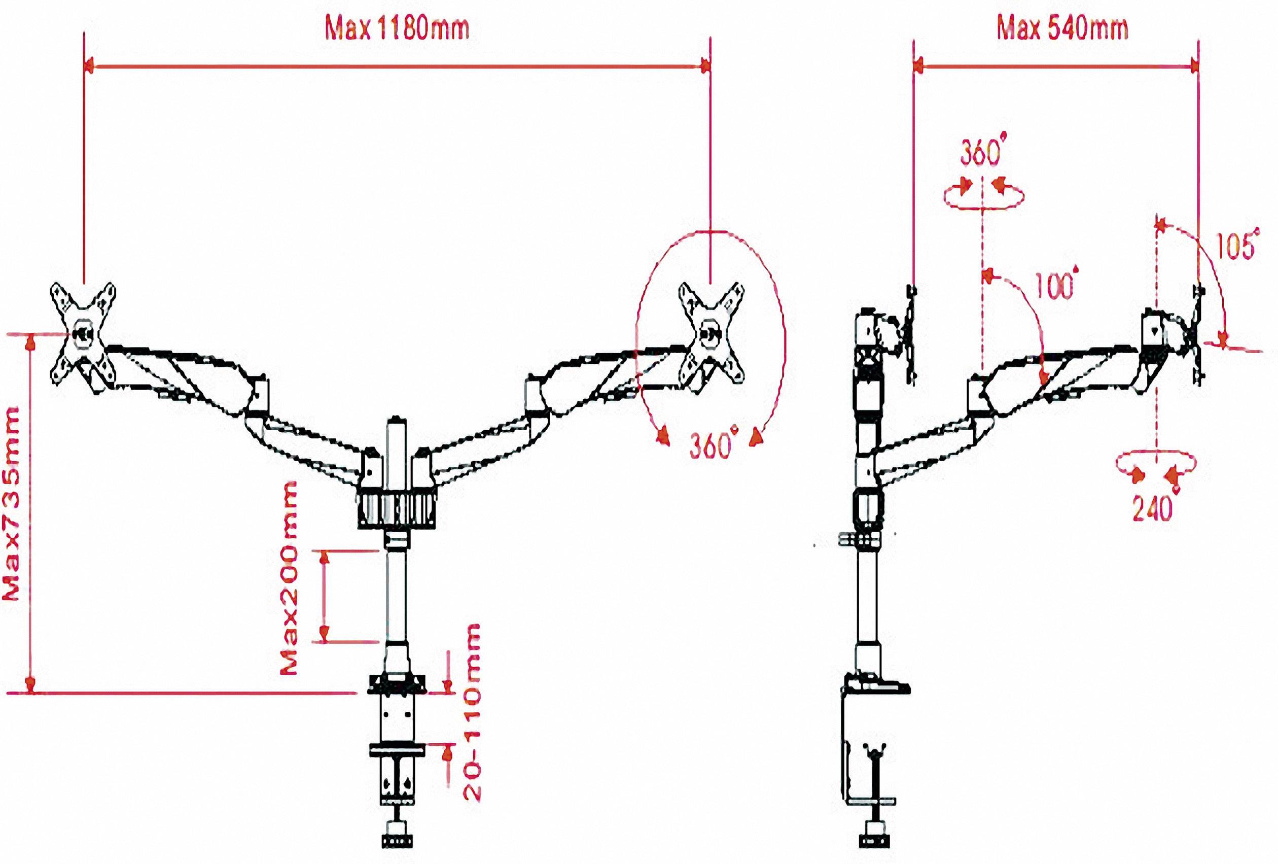 'Technical drawing of an adjustable monitor arm with dimensions and rotation settings.'