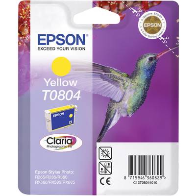 Yellow ink cartridge by Epson, model T0804, pictured with a hummingbird. Compatible with Epson Stylus Photo printer models.