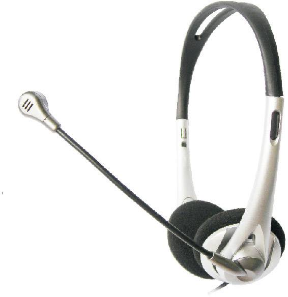 'Silver headset with microphone arm and black ear cushions, suitable for use with computer or telephone.'