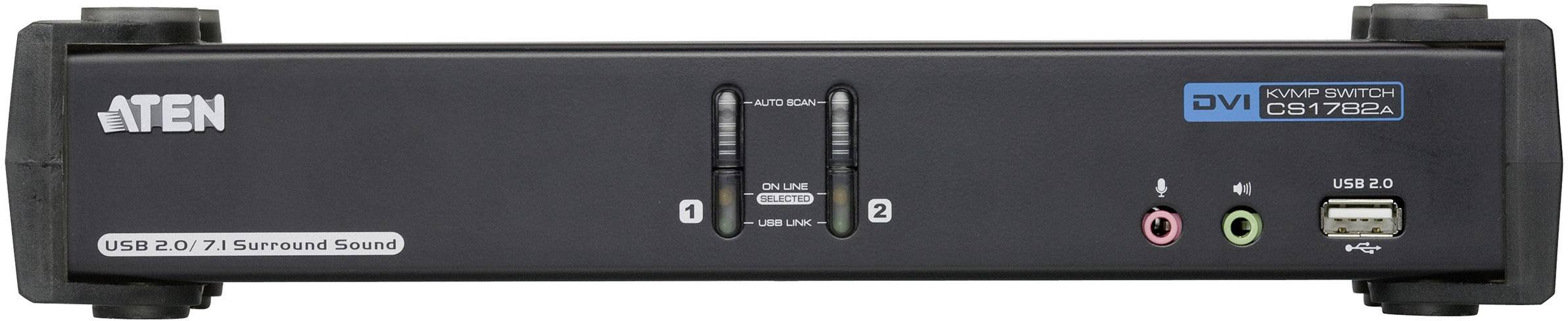 A black KVM switch with two switches in the middle, featuring ports for USB, audio, and DVI, model 'CS1782A' by Aten.