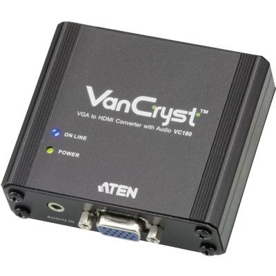 A VGA-to-HDMI converter by ATEN with audio input, Model VC180. Features status LEDs for 'Online' and 'Power' on the front panel.