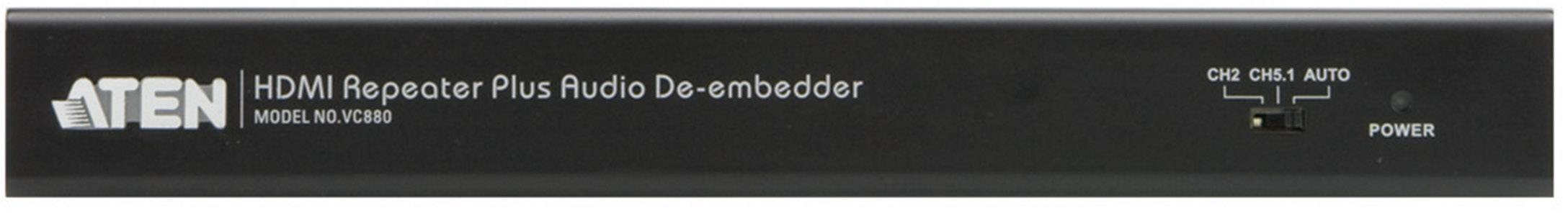 Black electronic device with the inscription 'ATEN HDMI Repeater Plus Audio De-embedder Model VC880'. A switch with options 'Off', '6dB', 'Auto' is located to the right of a power indicator.