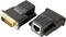 Two black adapters: on the left, a DVI plug with numerous golden pins, on the right, a DVI socket with a network port.