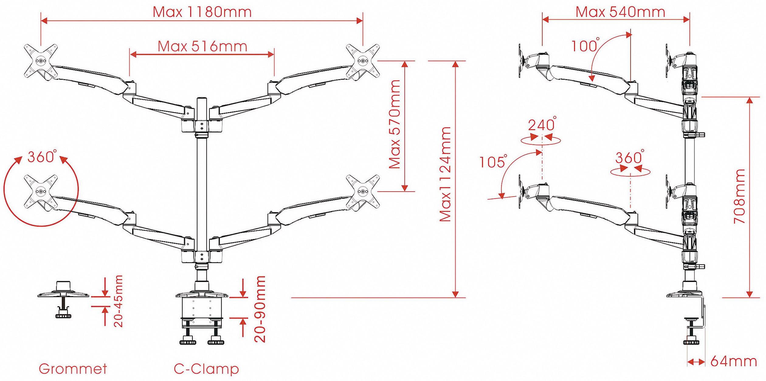 'Monitor Arm Mounting' shows two configurations: grommet and C-clamp mounting. Dimensions, tilt (±90°), swivel (±180°), rotation angle (360°) are specified.