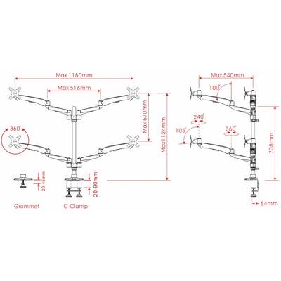 'Monitor Arm Mounting' shows two configurations: grommet and C-clamp mounting. Dimensions, tilt (±90°), swivel (±180°), rotation angle (360°) are specified.
