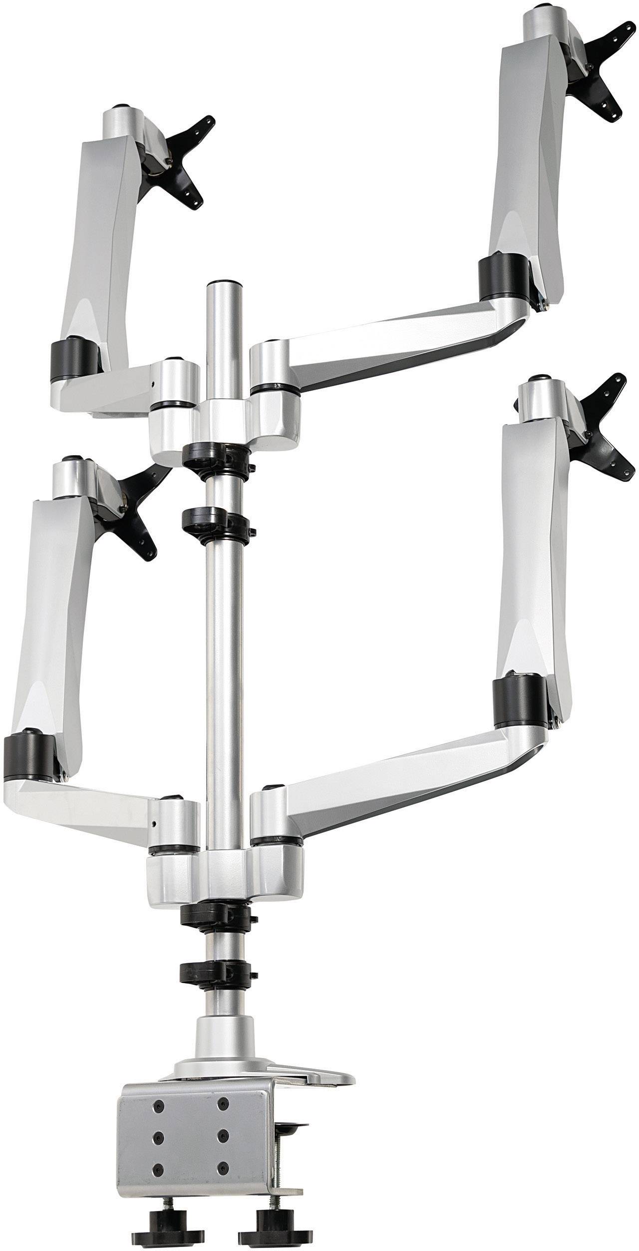 A silver monitor arm with four articulated arms for mounting on a desk. Adjustable for multiple screens.