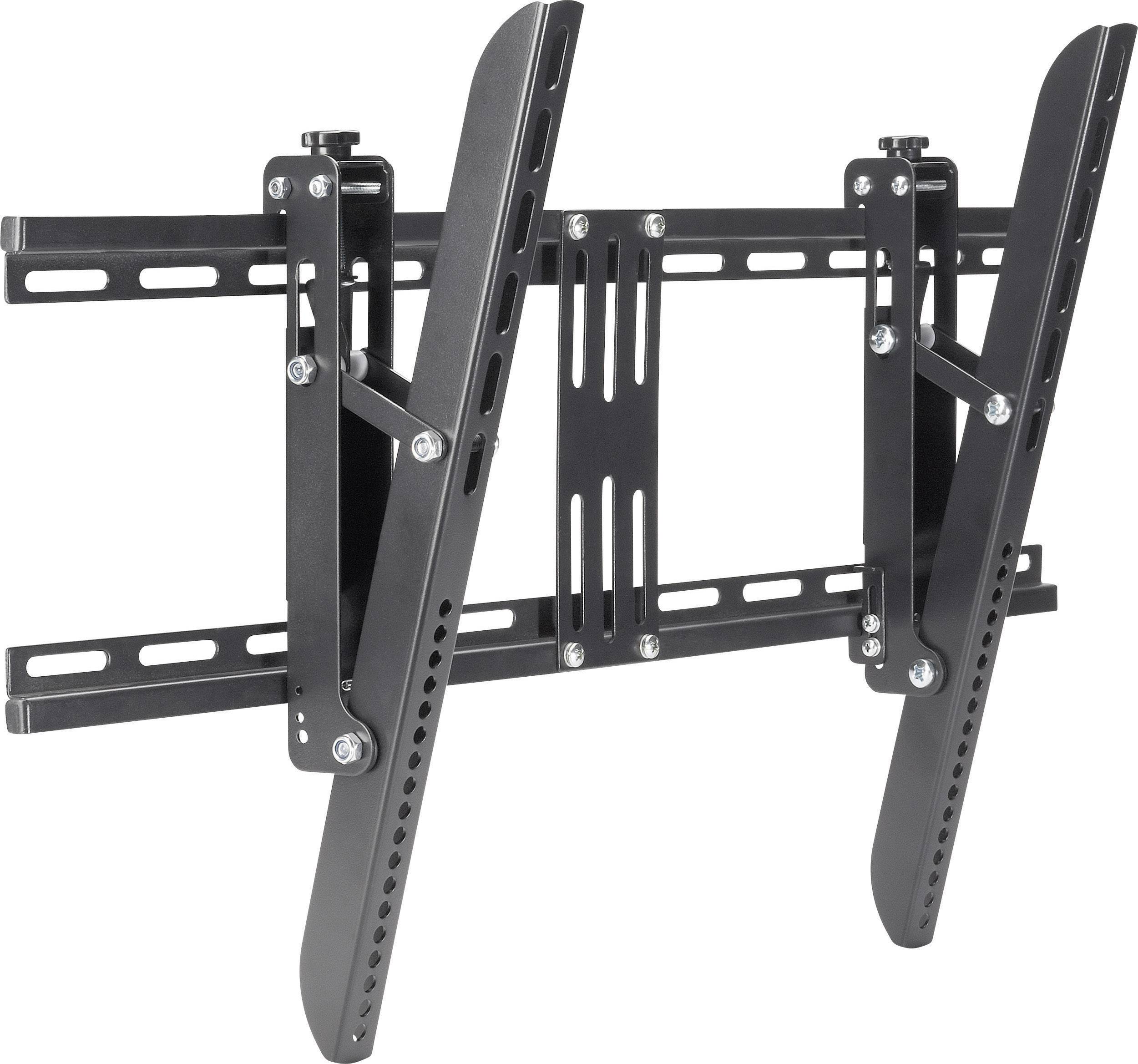 'Black, tilting TV wall mount with multiple fixing holes and adjustable arms, suitable for large screens.'