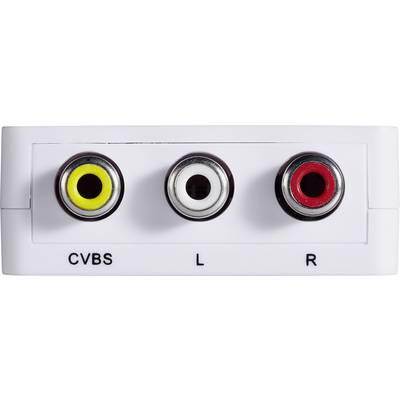 Three RCA sockets on a device: yellow for video (CVBS), white for left audio channel (L), red for right audio channel (R).