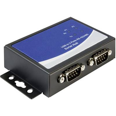 A black serial hub with two RS-232 ports on the front panel and blue labelling on the top surface.