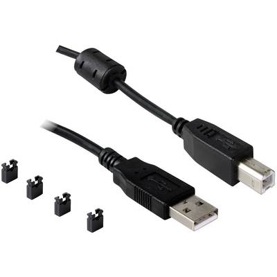 USB connection cable with ferrite core and two plugs: one USB-A and one USB-B plug. Four black cable ties beside it.