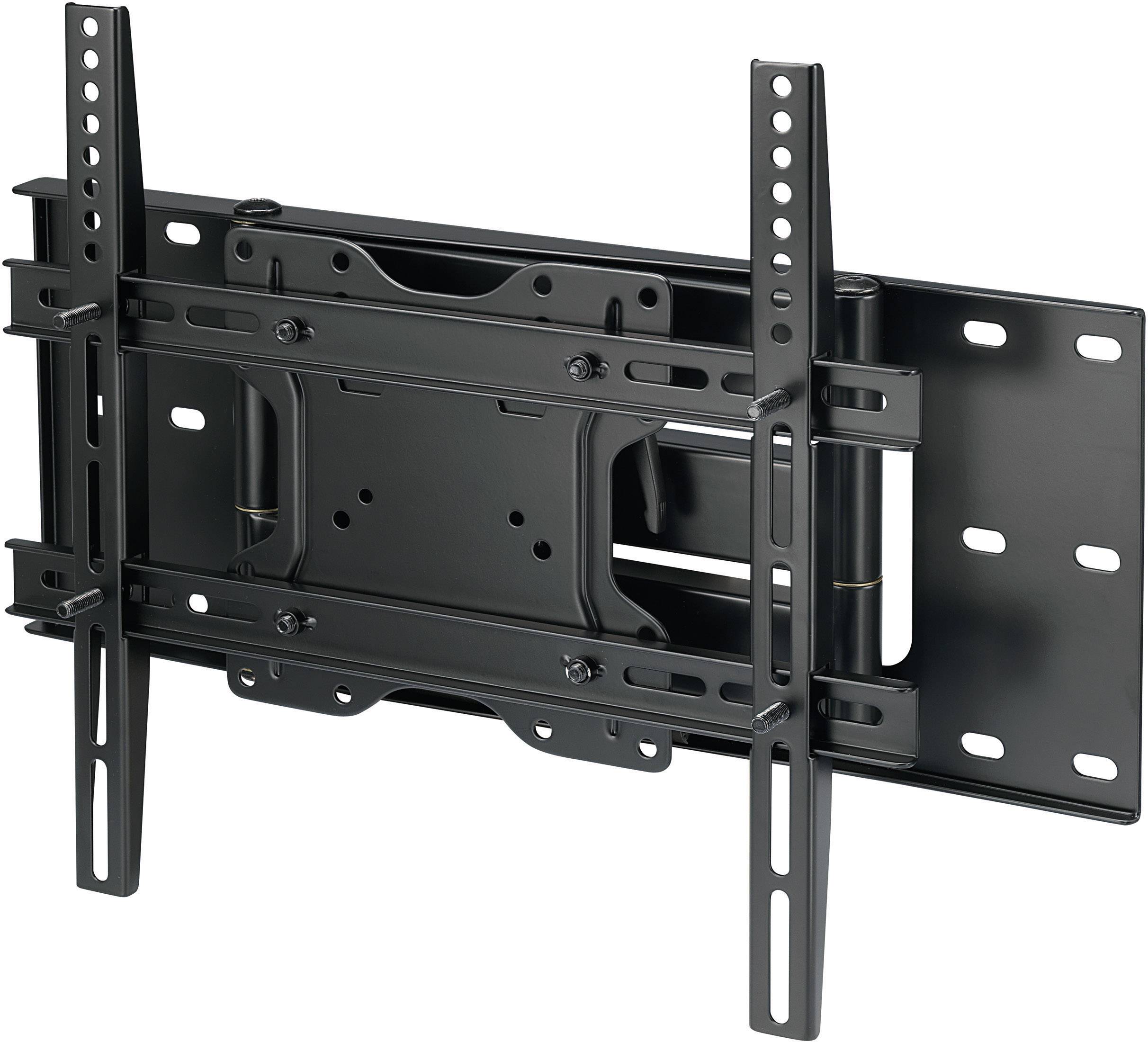 Black, adjustable metal TV wall mount with multiple struts and holes for flexible mounting options.
