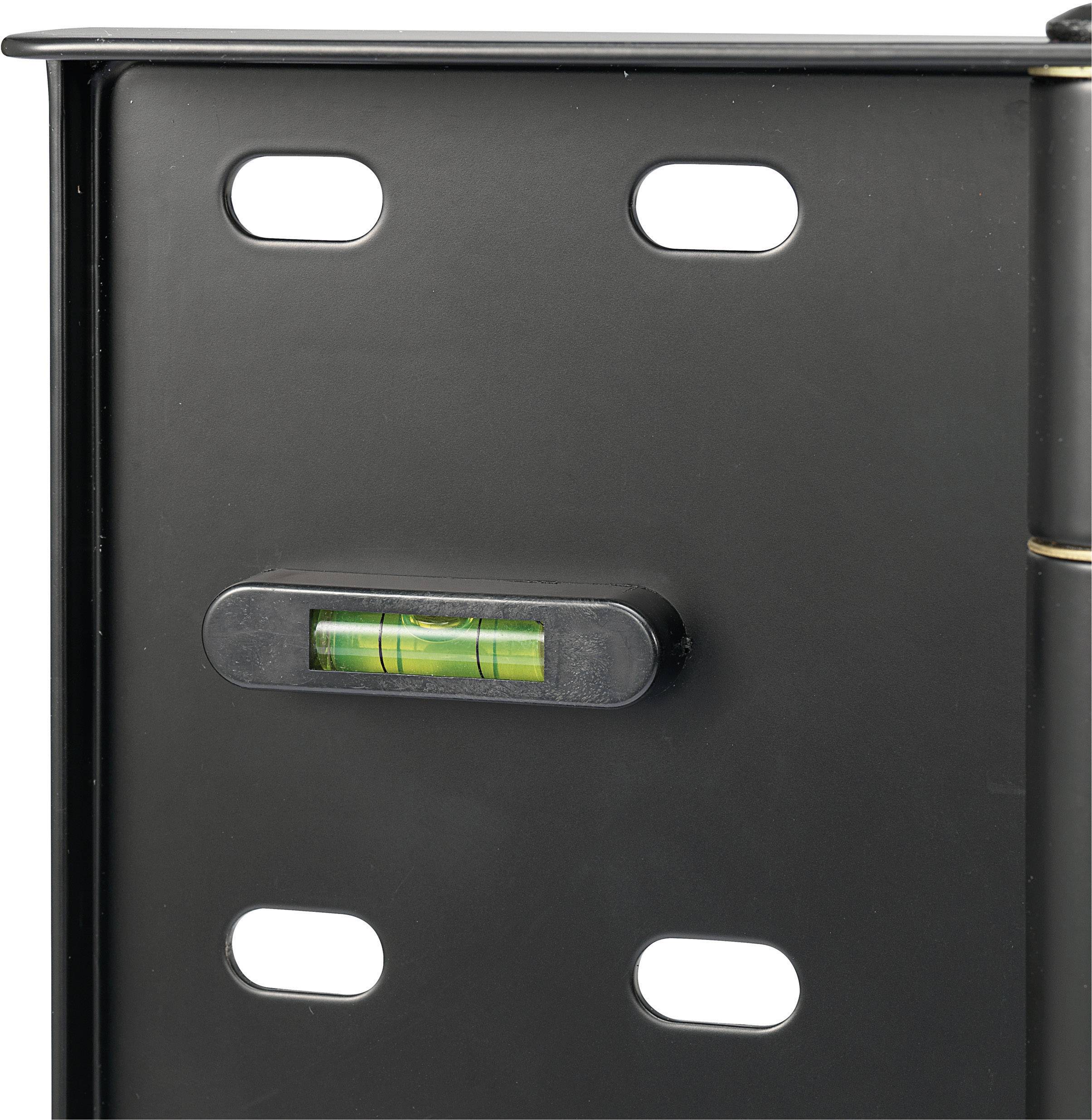 A black spirit level is attached to a metal frame, with a horizontal bubble level indicating whether the surface is level.