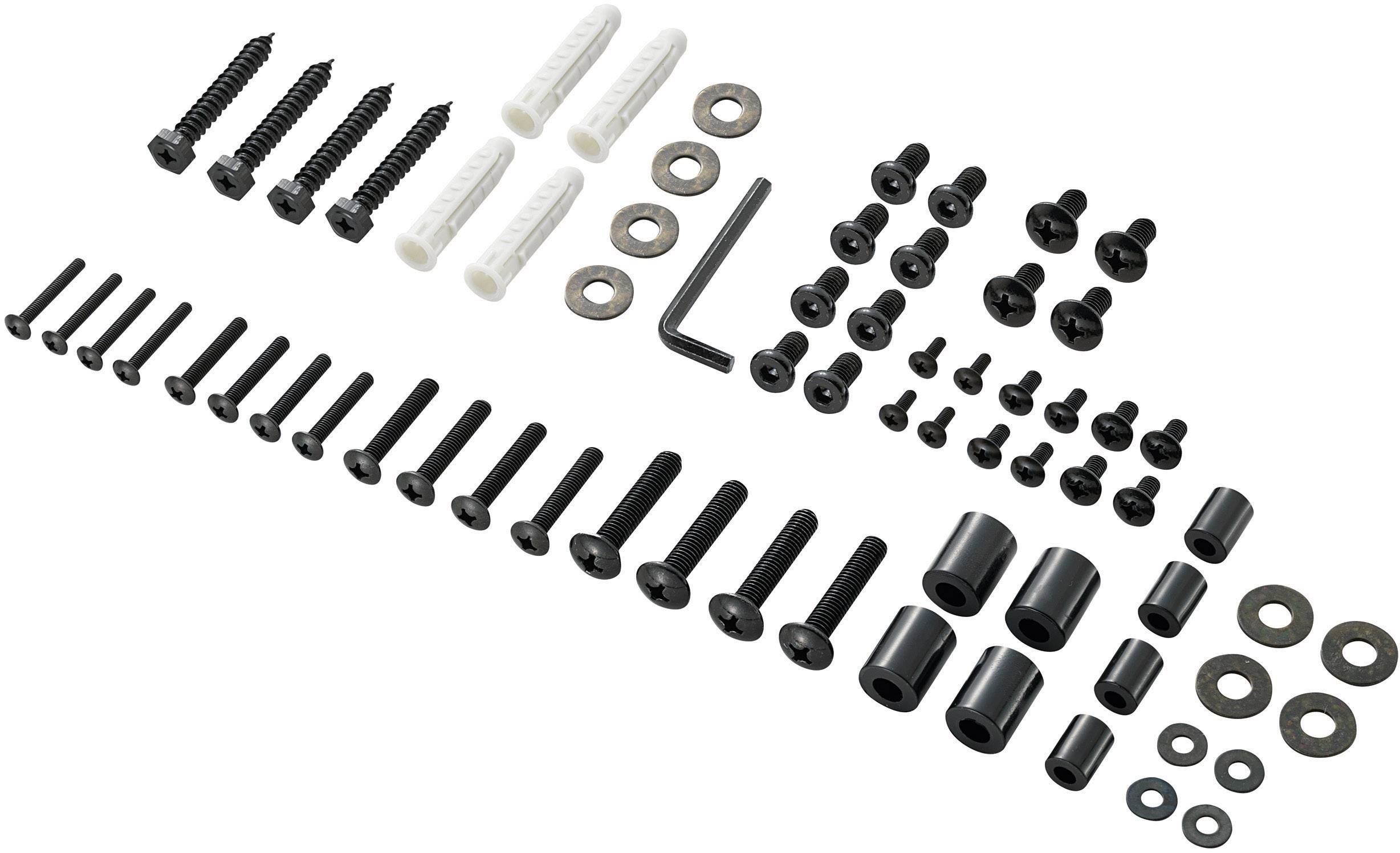 A set of fixing materials comprising screws, wall plugs, washers, an Allen key and spacers, arranged on a surface.