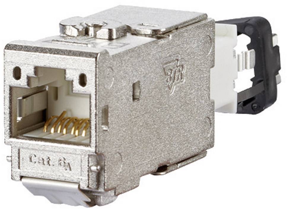 A RJ45 Cat 6a network plug, shielded, with visible gold-plated contact pins, suitable for network connections.