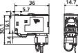 Technical drawing of a component with dimensions in millimetres: 36, 14.7, 5.7, 30.1, 34.1, 19.1. Shows front and side view.
