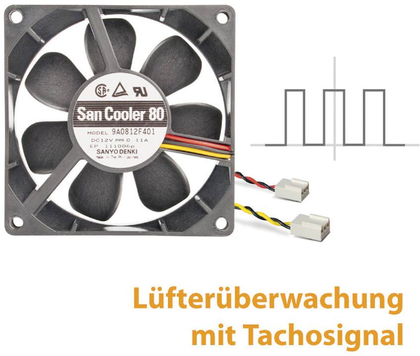'Fan Monitoring with Tachometer Signal' shows a computer fan with connecting wires and a tachometer signal diagram for monitoring rotational speed.