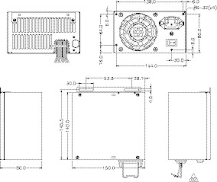 Technical drawing of a rectangular power supply unit with fan, terminal blocks, and dimensions in millimetres. Top view and side view shown.