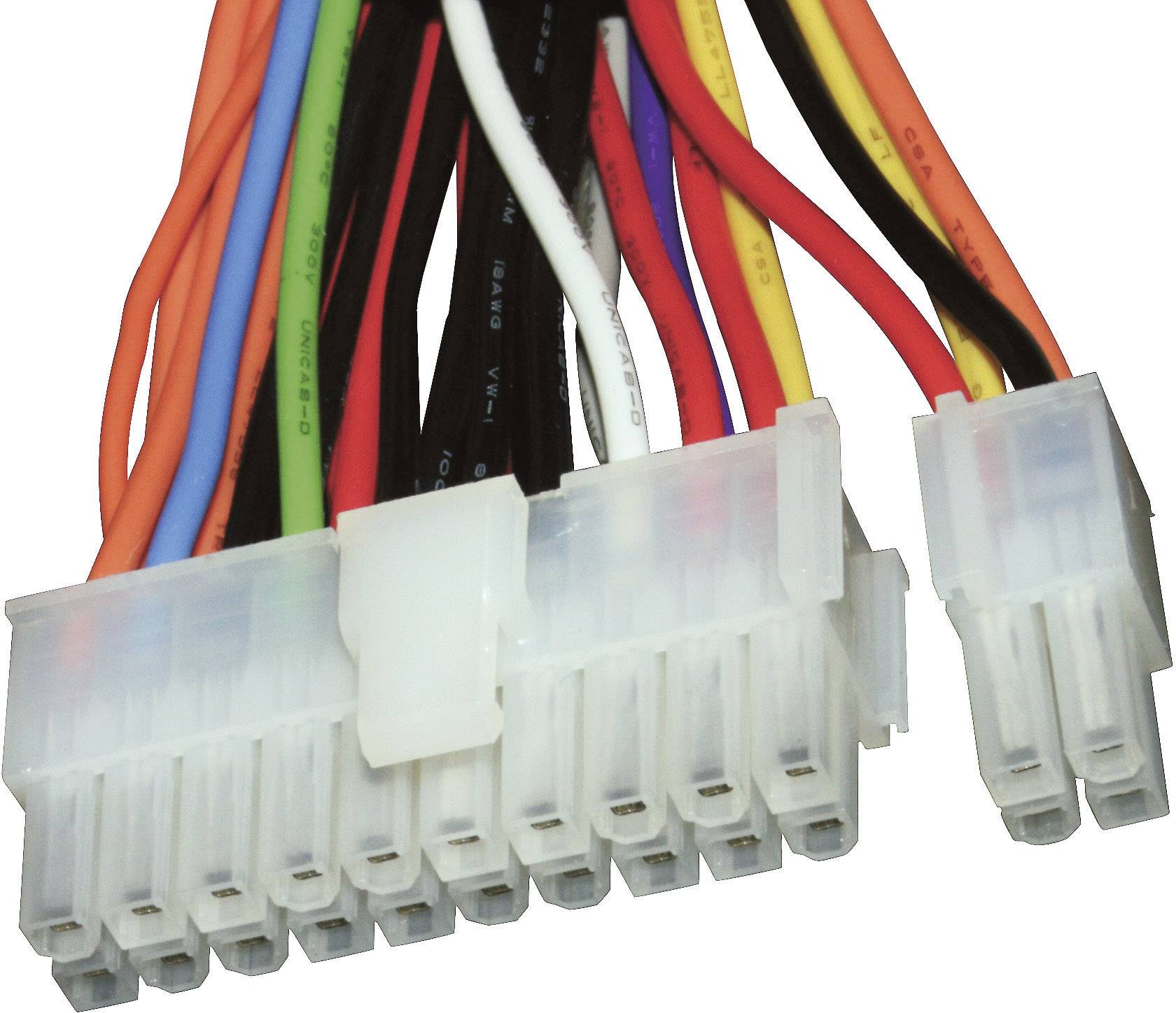 A PC power supply connector with multiple colourful cables in various colours. The connector is 24-pin and is used for power supply.