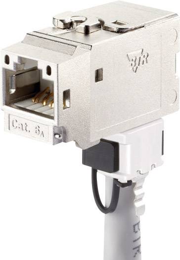 Metallic network plug, Category 6A, for Ethernet connections, with attached cable.