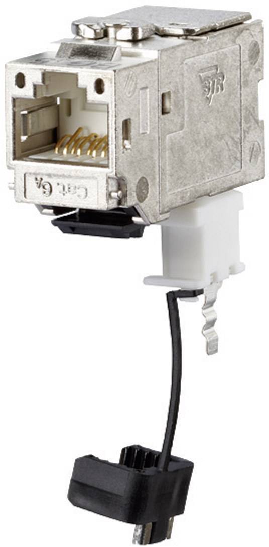 A modular network plug with a housing, presumably for Ethernet cables, shows connection points and guiding elements.