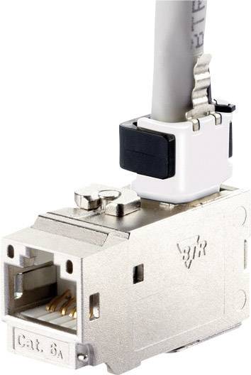 A silver RJ45 network plug of Category 6A with an attached network cable, ready for data transmission.