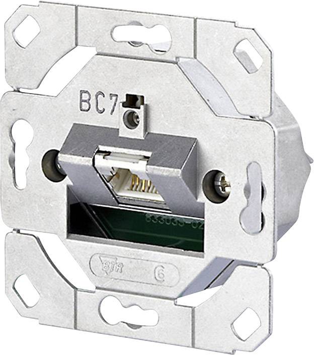 Network socket insert, silver-coloured, for installation in a wall for network connections, shows connections and screw holes.