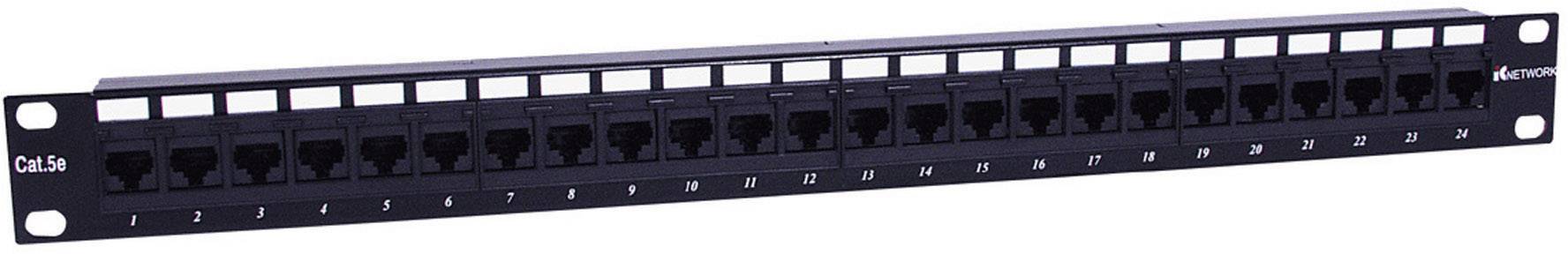 Patch panel with 24 RJ45 ports, black, for network connections in a server room or data centre.