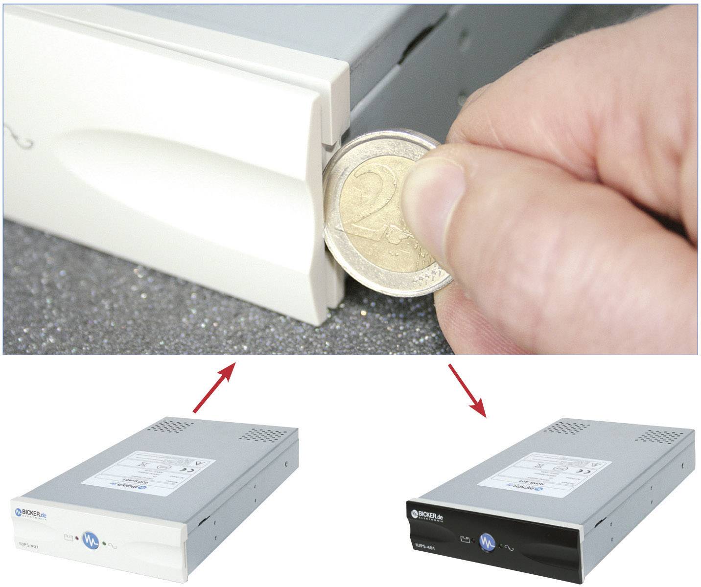 'A 2-euro coin is used to unlock the front panel of an enclosure. Two different power supply models are shown underneath.'