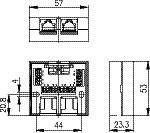 Technical drawing of a component with dimensions: Height 20.8 mm, Width 44 mm, Depth 23.3 mm. Contains two connections and details of the internal structure.