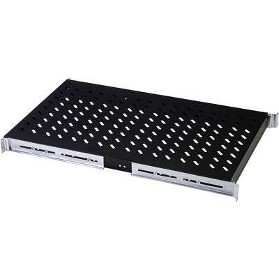 Black perforated rack shelf for server or network cabinets, made of metal with silver mounting rails, horizontally mountable.