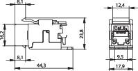 Technical drawing of an electrical circuit diagram with detailed dimensions and labels, showing side and front views.