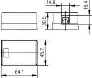 Technical drawing of a rectangular component with three views and specified dimensions.