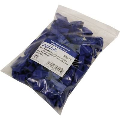 A bag of blue cable protection caps by LogiLink, model MP0009, for RJ45 plugs. Contains 100 pieces, manufactured in China.