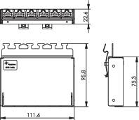 Technical drawing of an electronic module, showing top, front, and side views with precise dimensional specifications and components.