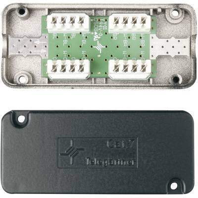 'Telegärtner' CAT7 distributor with green circuit board and silver housing, black protective cover. Primarily used for network connection.