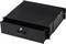Black metal drawer with a lock, slightly open. Suitable for securely storing items.