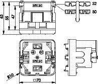 Technical drawing of a switch. Top view with dimensions; bottom left front view and right side view.