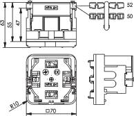 Technical drawing of an electrical switch with front, side, and top views. Shows internal components and connection details.