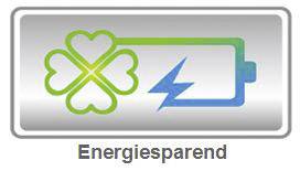 A symbol shows a green clover leaf next to a blue battery symbol with a lightning bolt, with the text 'Energy-saving' underneath.