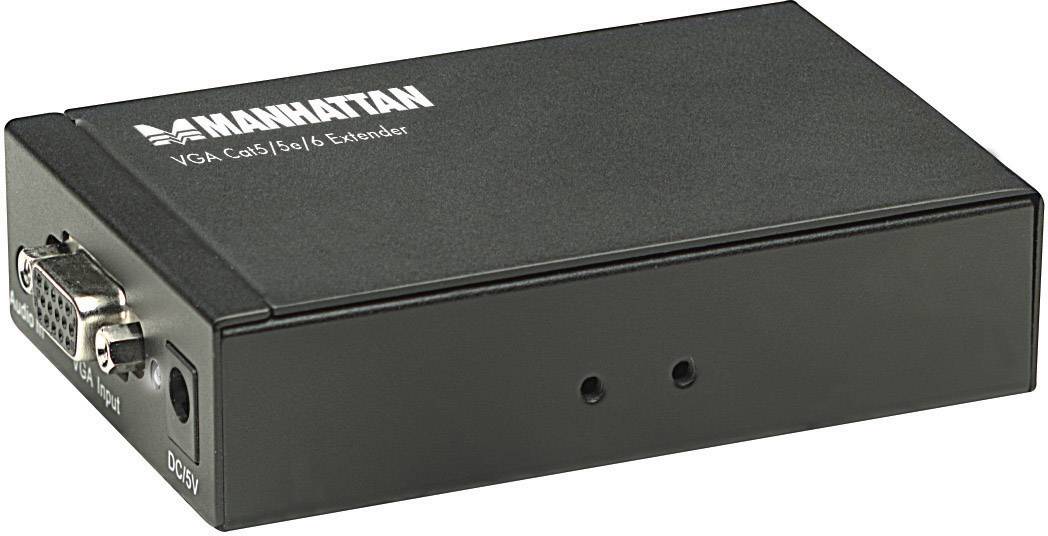 'Manhattan VGA Cat5/5e/6 Extender', a black rectangular device for extending VGA signals over network cabling.
