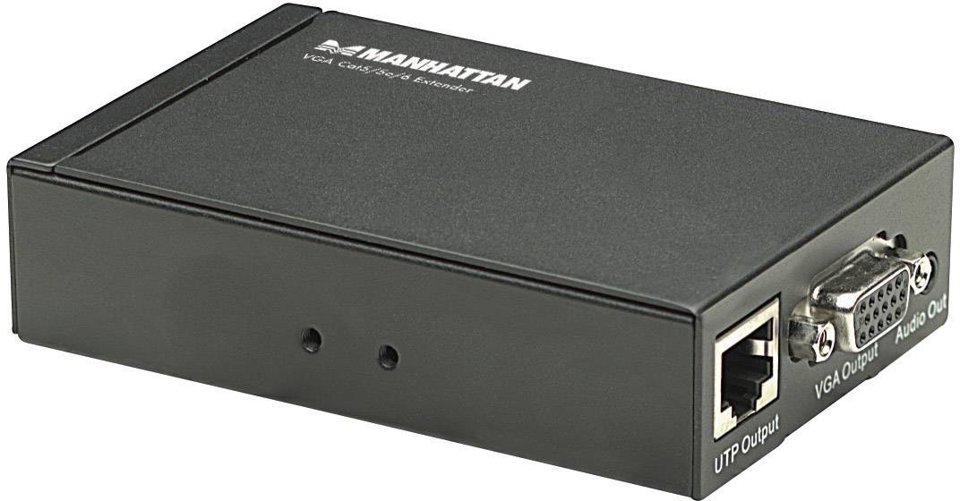 Black VGA video console module with Ethernet and VGA ports, suitable for signal transmission over CAT5 cable.