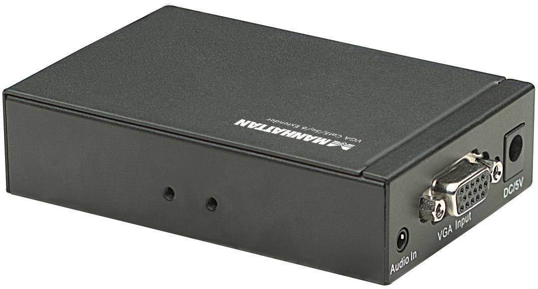 Black Manhattan audio device with connections for audio, VGA and 5V DC power supply, used for signal transmission.