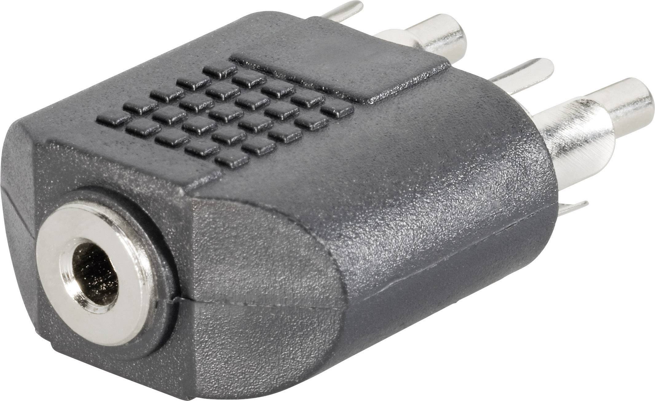 Black audio adapter with 3.5mm socket and two 3.5mm plugs, used for connecting audio devices.
