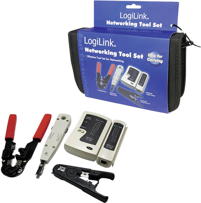Network tool set by LogiLink with crimping pliers, cable tester, wire stripper and impact tool. Packaging with carrying handle.